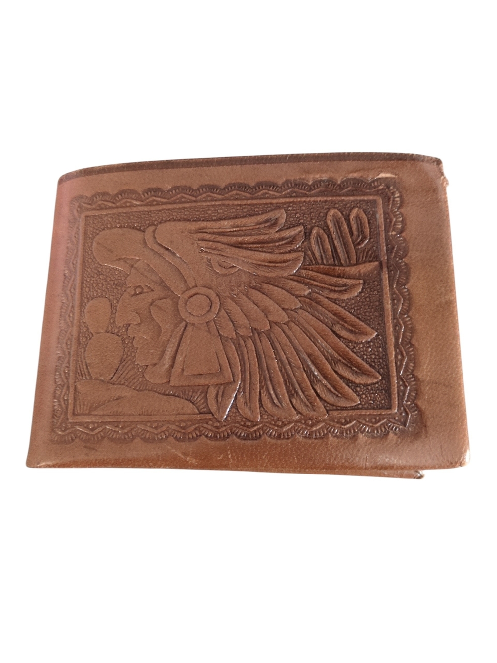 Hand-Tooled Brown Leather Bifold Wallet with Native Headdress Design